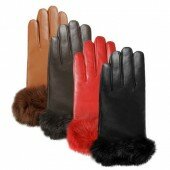 Luxury Lane Women's Cashmere Lined Rabbit Fur Cuff Lambskin Leather Gloves - Red Small